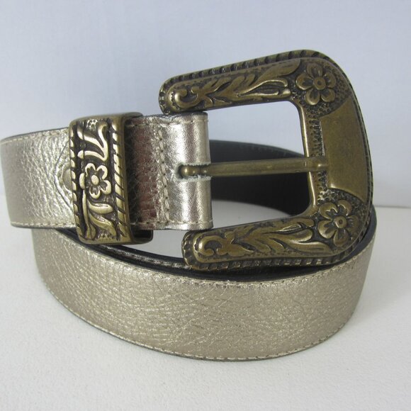 NEW Blugaya Womens XL Gold Leather Statement Belt Brass Floral Buckle Italy - Picture 5 of 14